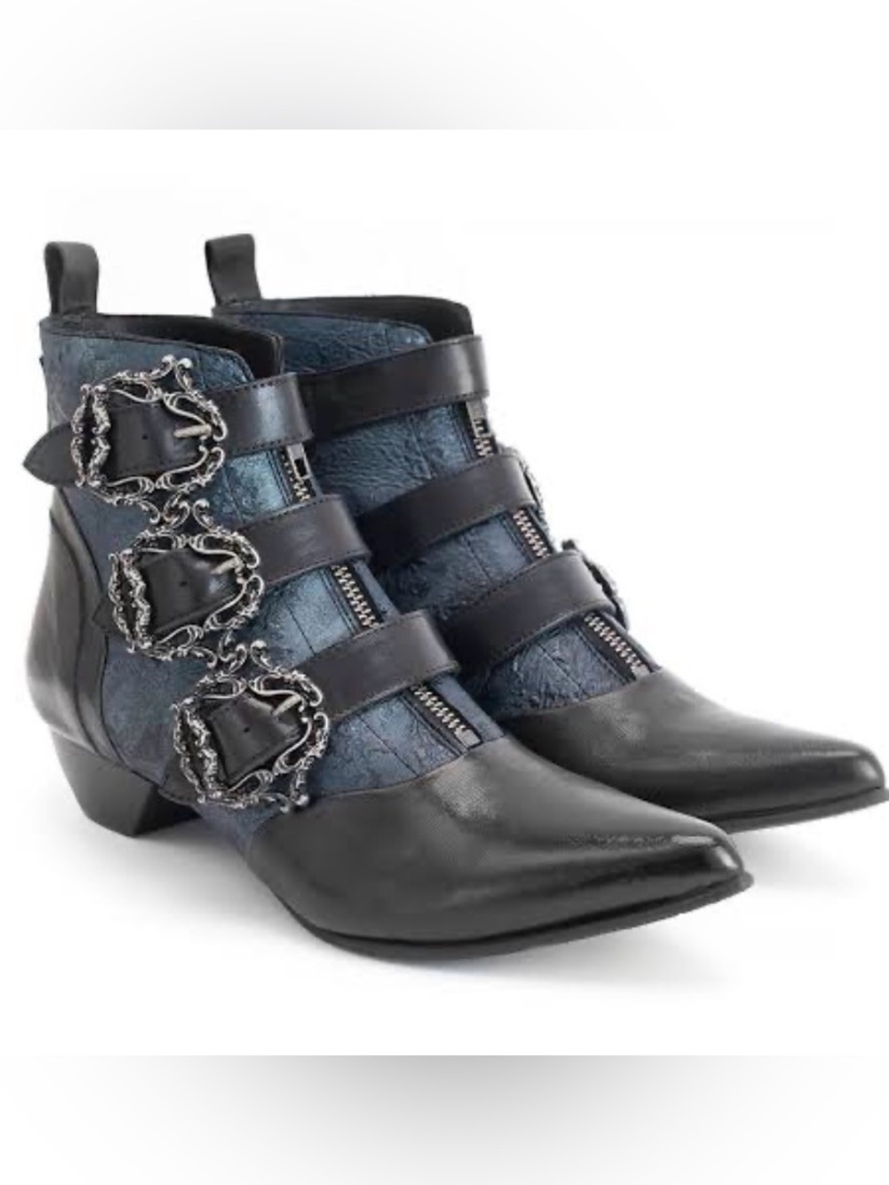 John Fluevog Eileen Dark Navy Blue Black Ornate Ankle Boot 9   N